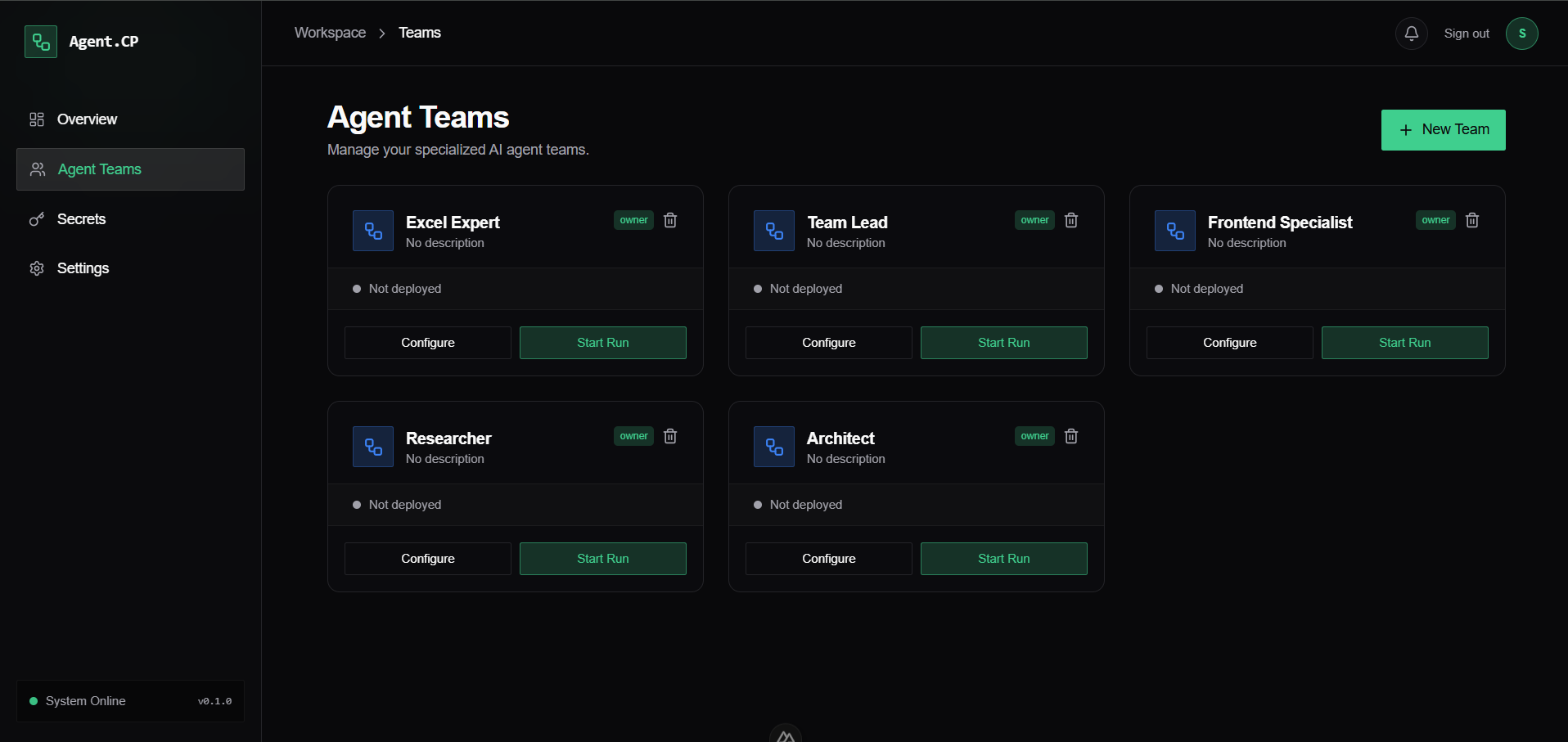 KI-Agenten Dashboard mit spezialisierten Agent Teams wie Excel Expert, Team Lead und Researcher